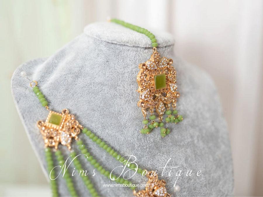 Nims Boutique Ridhi Lime Green Earrings, Tikka & Passa Set