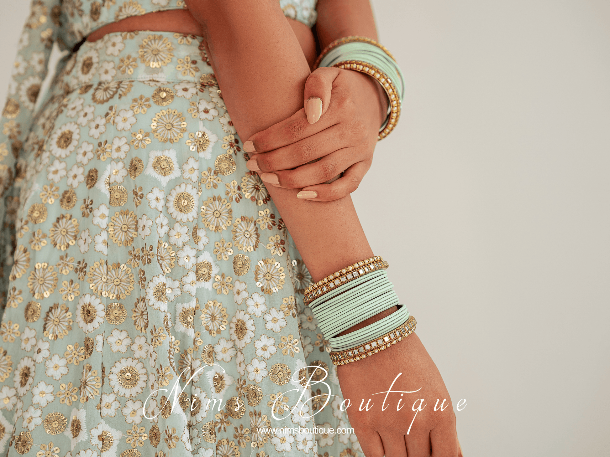 Nims Boutique Light Mint & Kundan Set of Bangles MBN