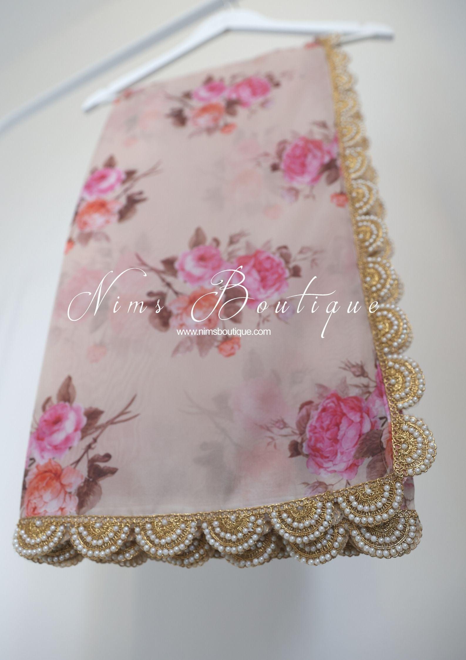 Nims Boutique Dusky Peach Organza Floral Dupatta/Chunni with Luxury Pearl Edging