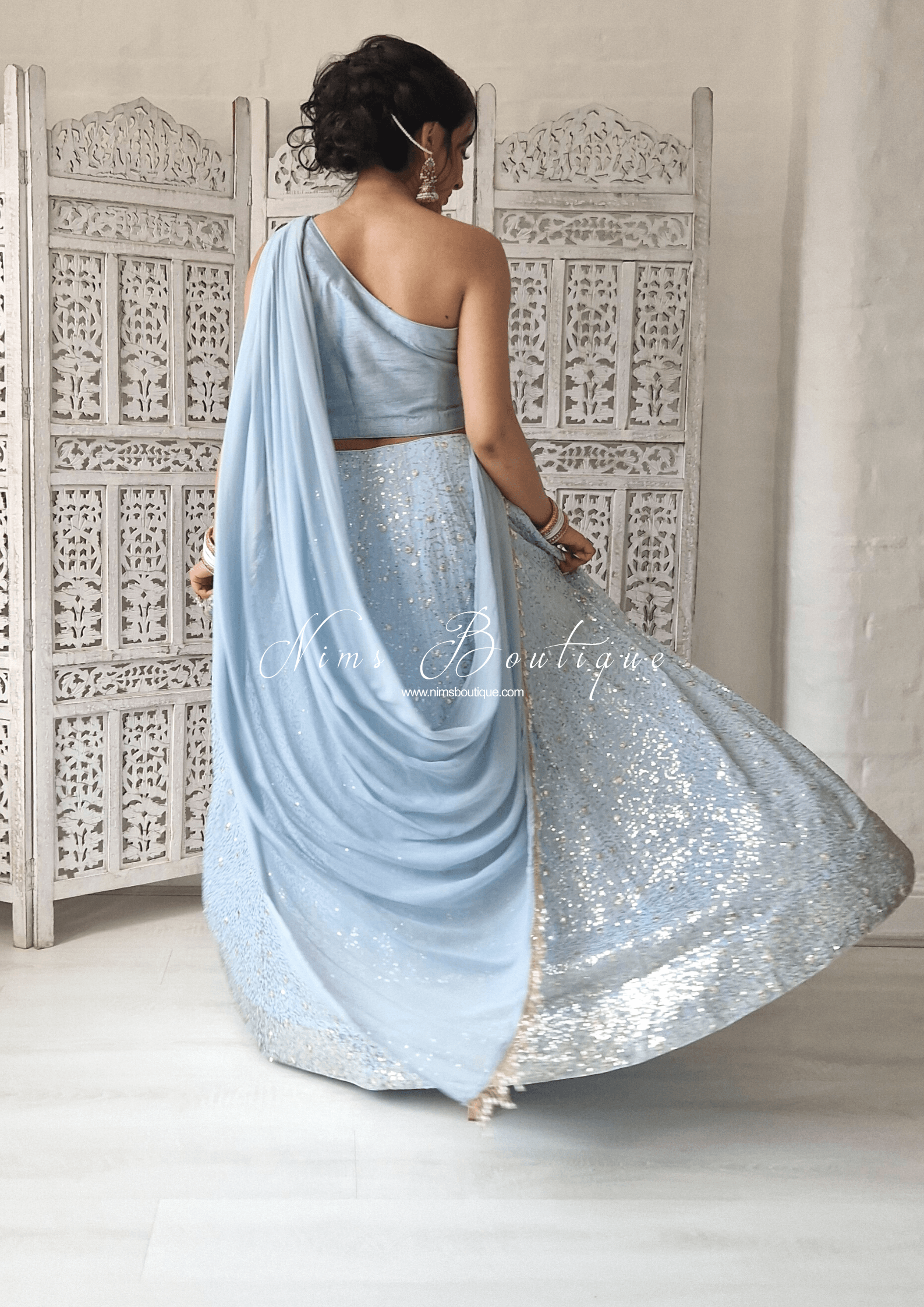 Nims Boutique Arya Powder Blue Luxury One Shoulder & Dupatta blouse 4-10