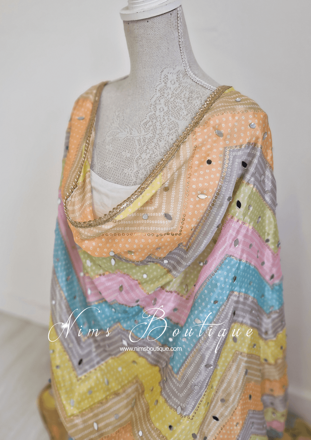 Nims Boutique Sitara Luxury Light Pastels Zig Zag Mirror Dupatta/Chunni