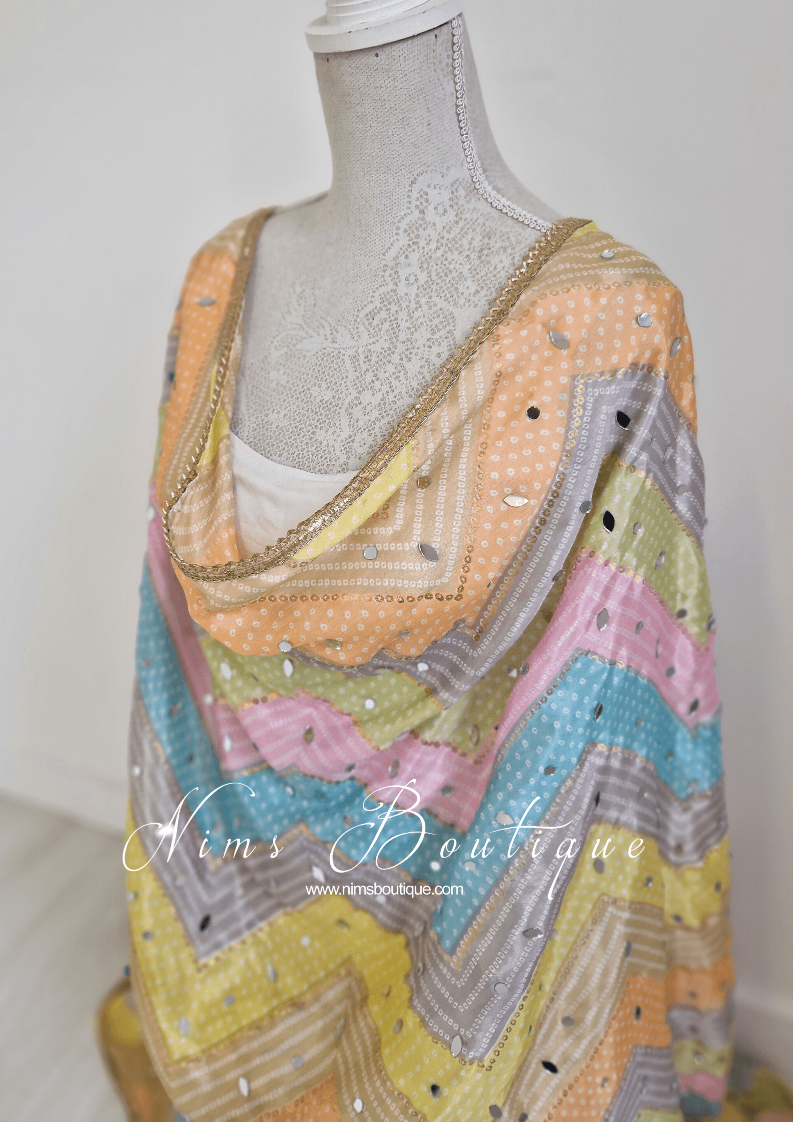 Nims Boutique Sitara Luxury Light Pastels Zig Zag Mirror Dupatta/Chunni