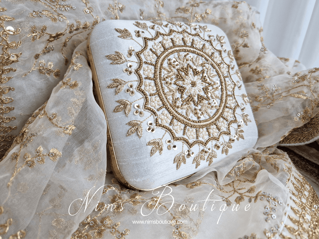 Nims Boutique Large White Raw Silk Pearl Embellished Clutch Bag