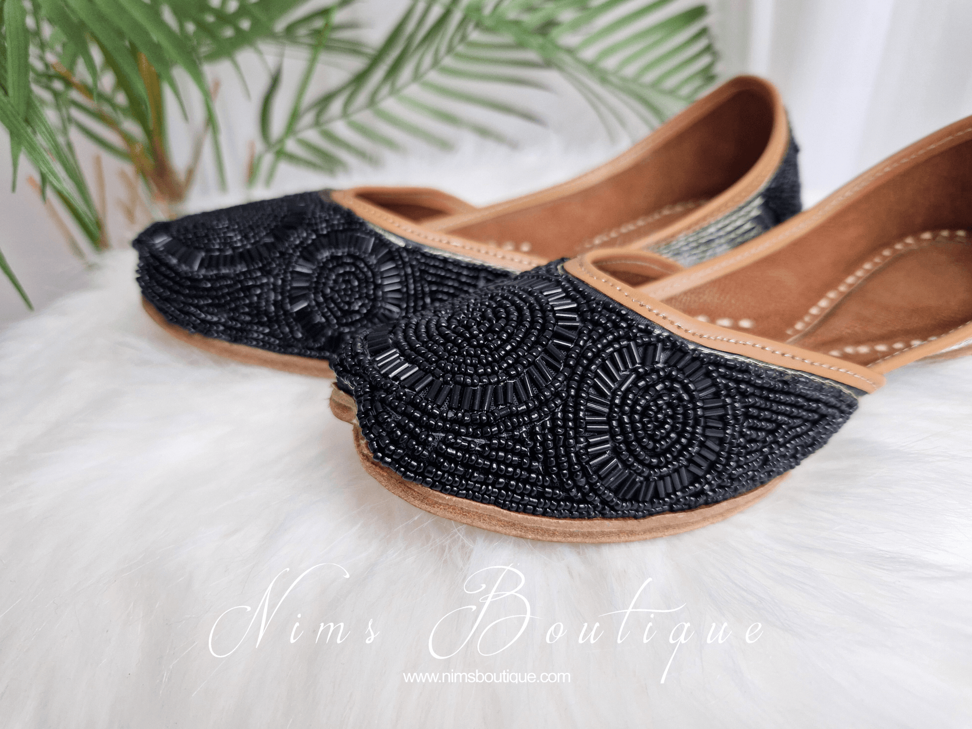 Nims Boutique Black Beaded Leather Punjabi Juttis