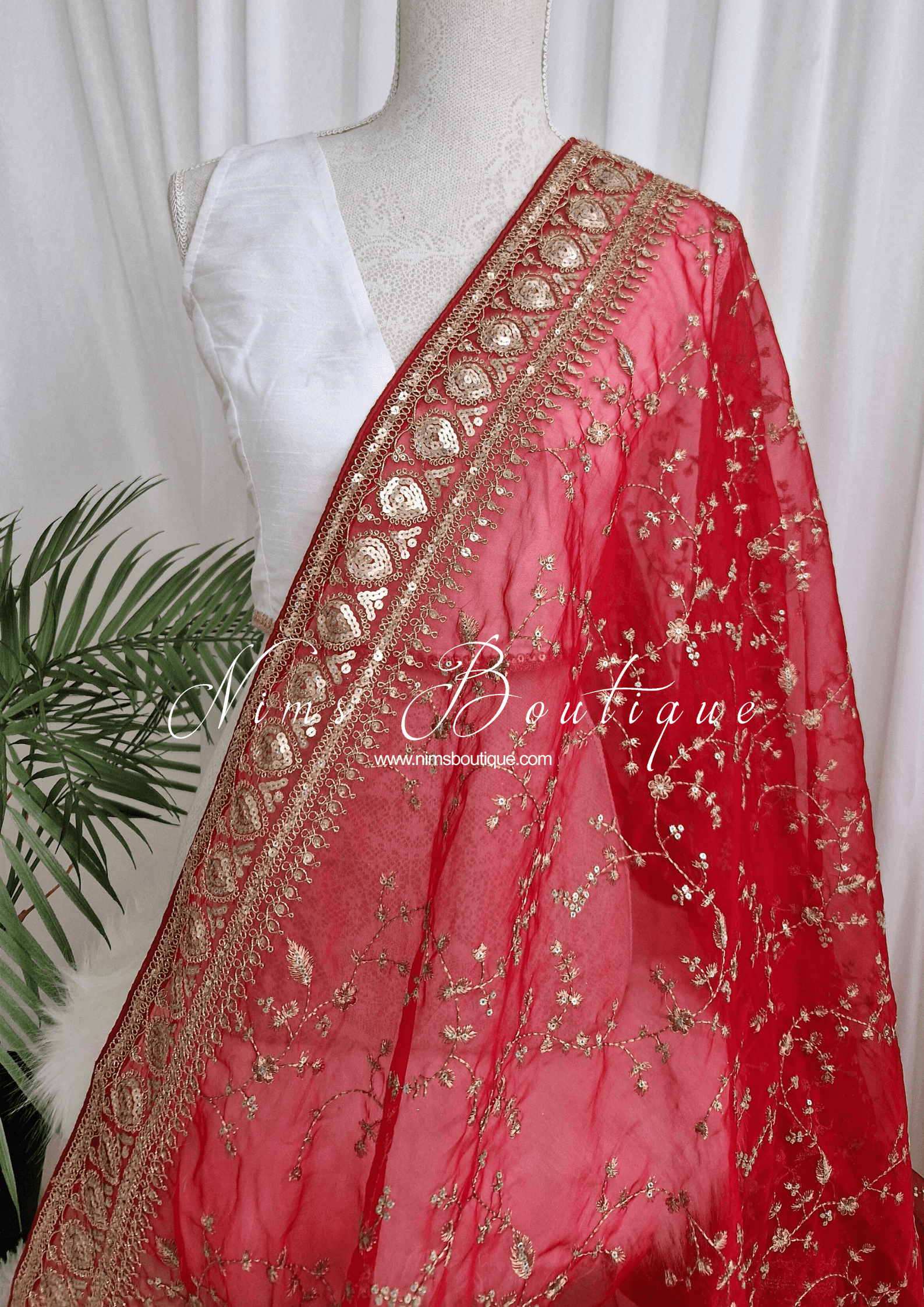 Nims Boutique Mahi Luxury Red Organza Embroidered Dupatta/Chunni