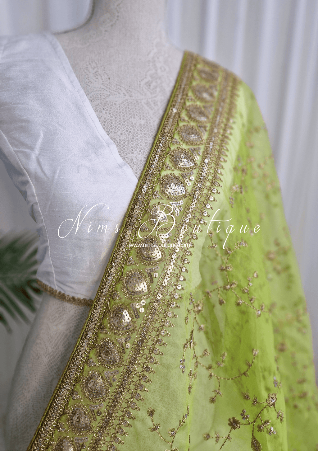 Nims Boutique Mahi Luxury Lime Organza Embroidered Dupatta/Chunni