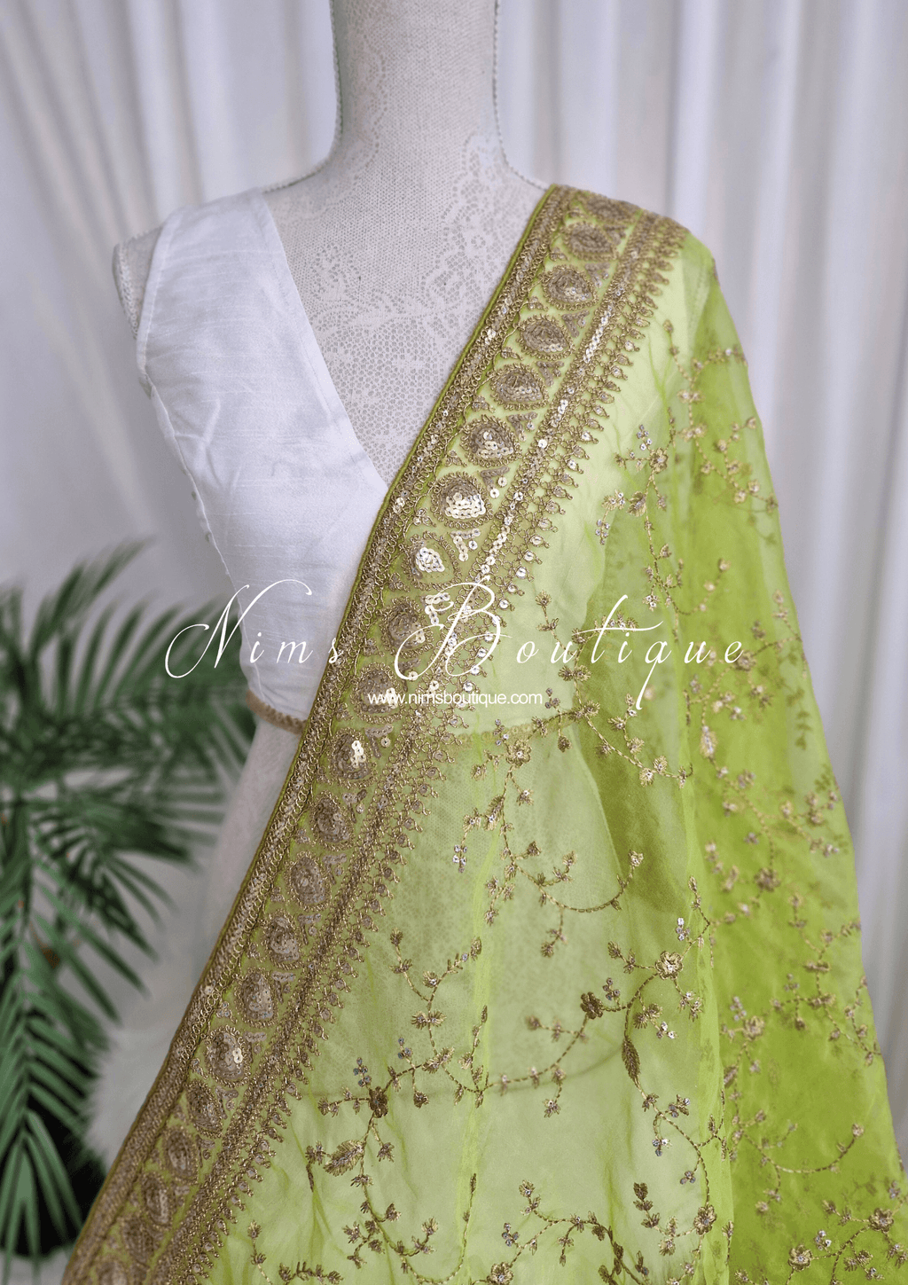 Nims Boutique Mahi Luxury Lime Organza Embroidered Dupatta/Chunni