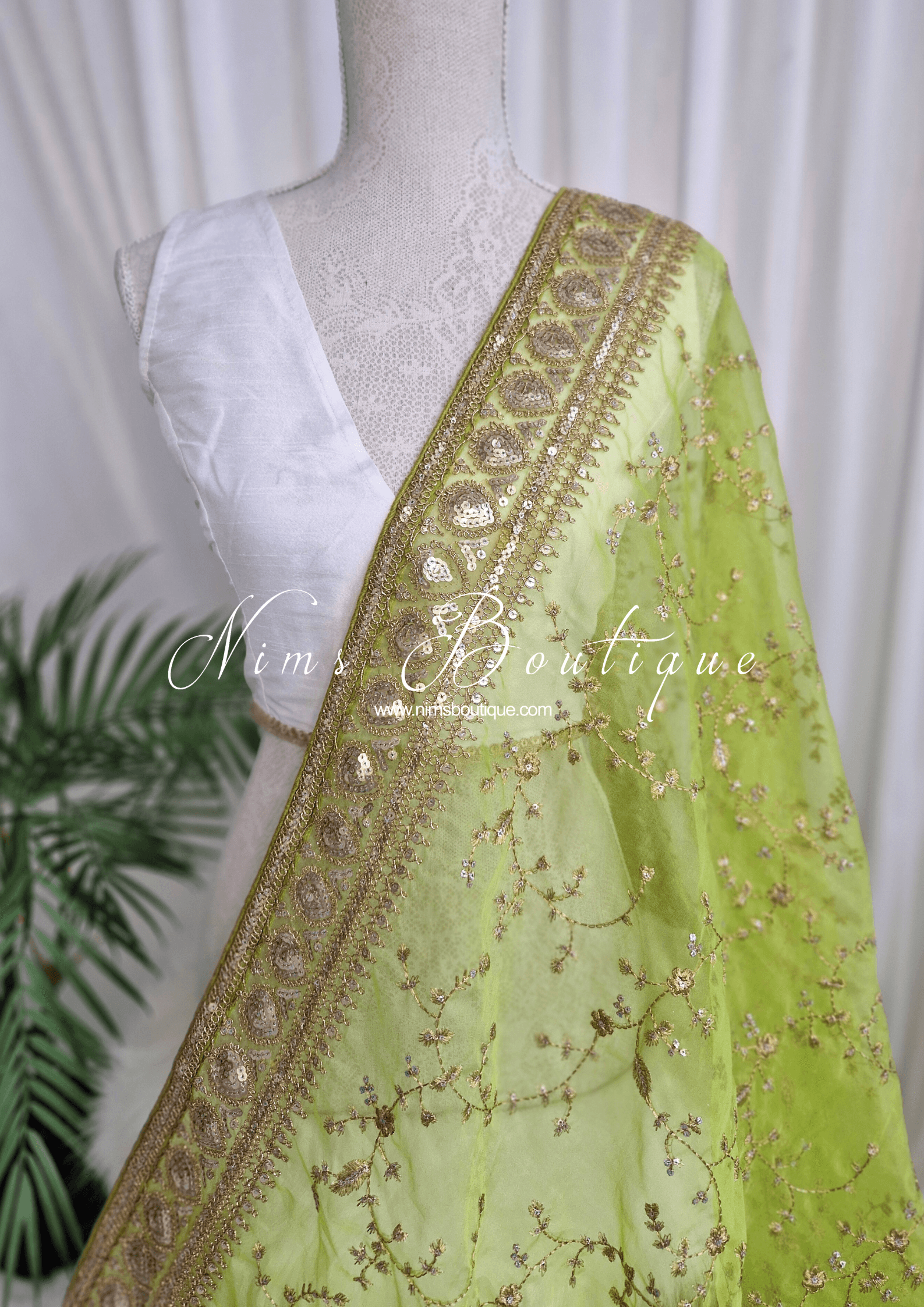 Nims Boutique Mahi Luxury Lime Organza Embroidered Dupatta/Chunni
