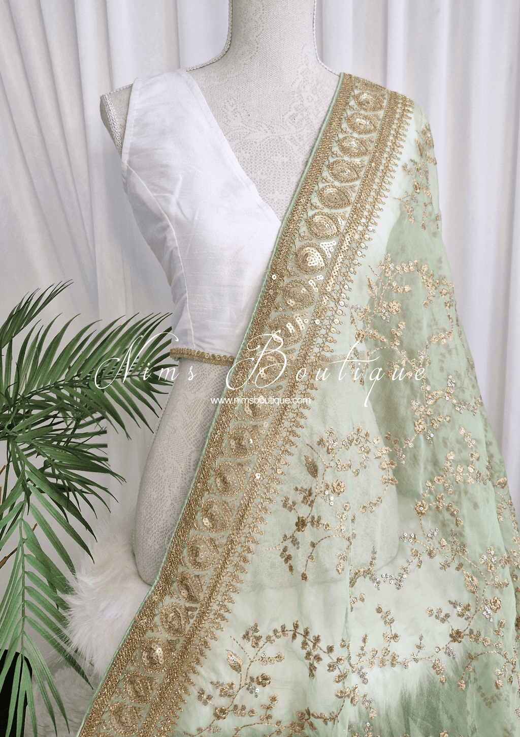 Nims Boutique Mahi Luxury Mint Green Organza Embroidered Dupatta/Chunni