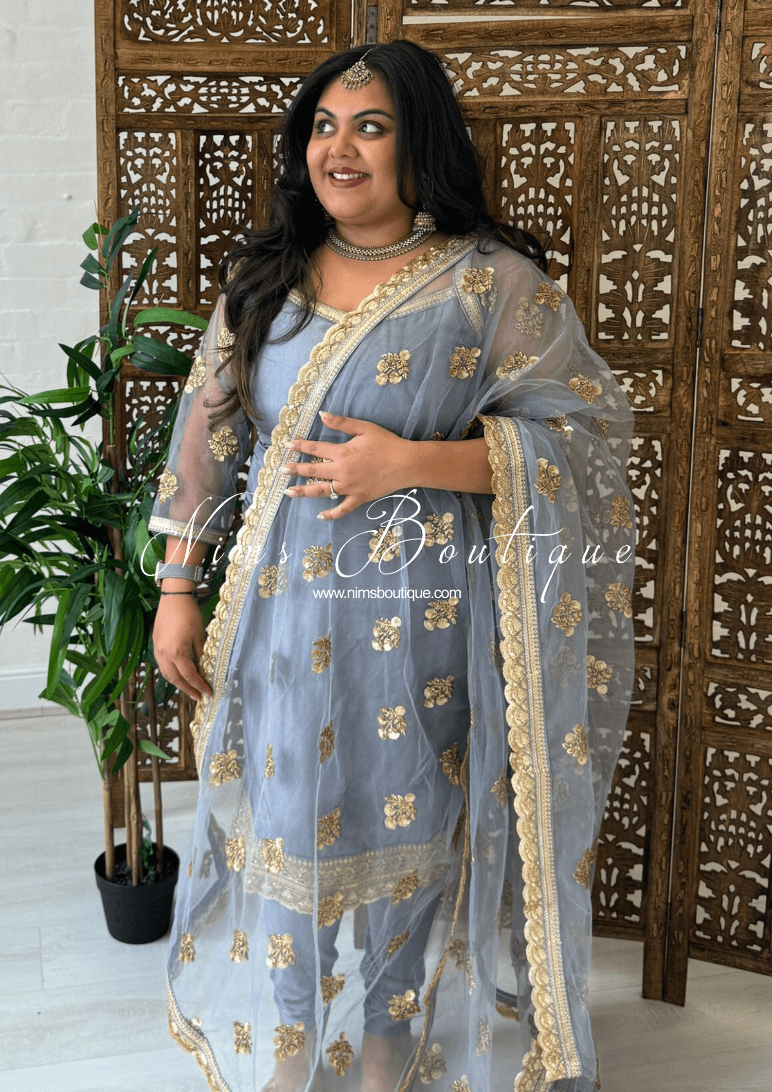 Nims Boutique The NB Classic Long Sleeved Grey Silk Pajami Suit sizes 14 to 22