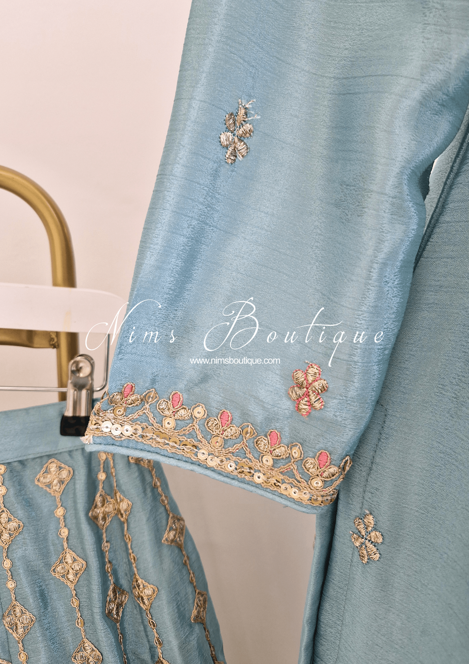 Nims Boutique Luxury Powder Blue Embroidered Sharara Suit Size 12-14