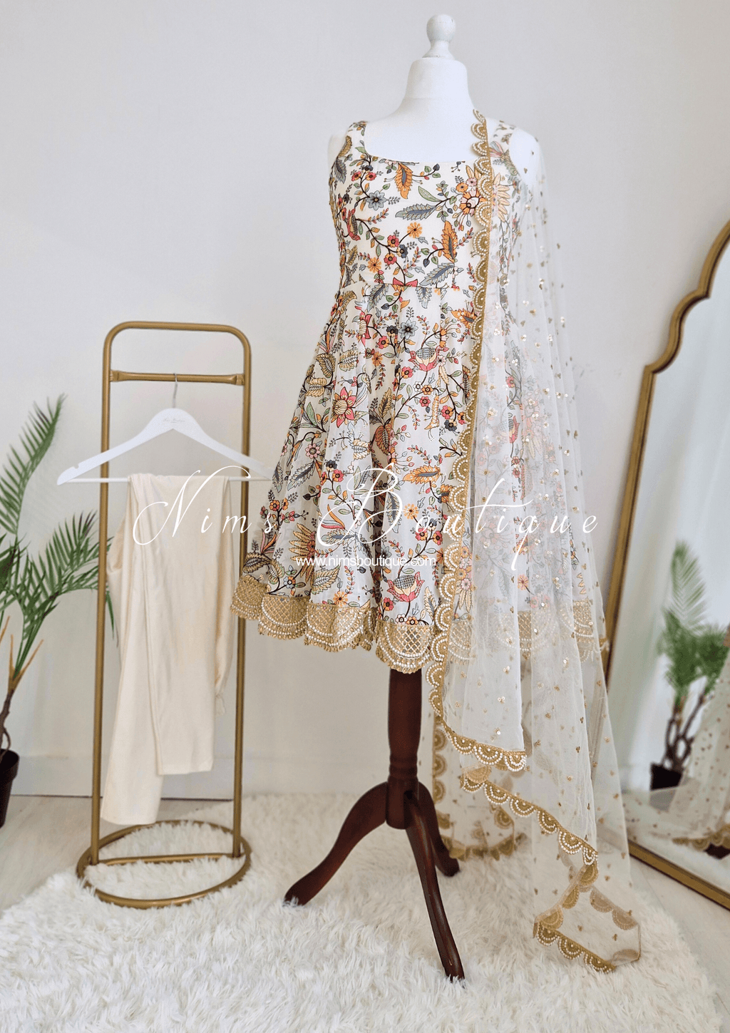 Nims Boutique Sarika Luxury White & Multicolour Anarkali Suit with Pajami sizes 14-24