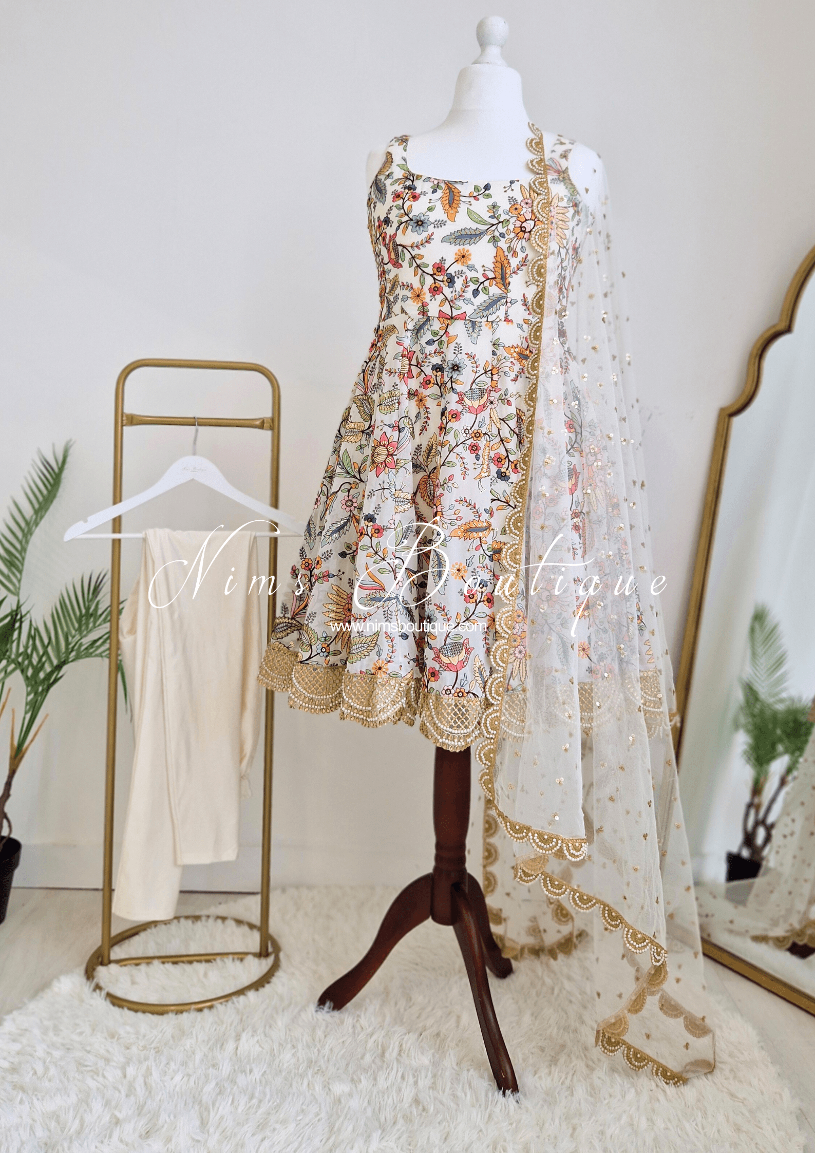 Nims Boutique Sarika Luxury White & Multicolour Anarkali Suit with Pajami sizes 14-24