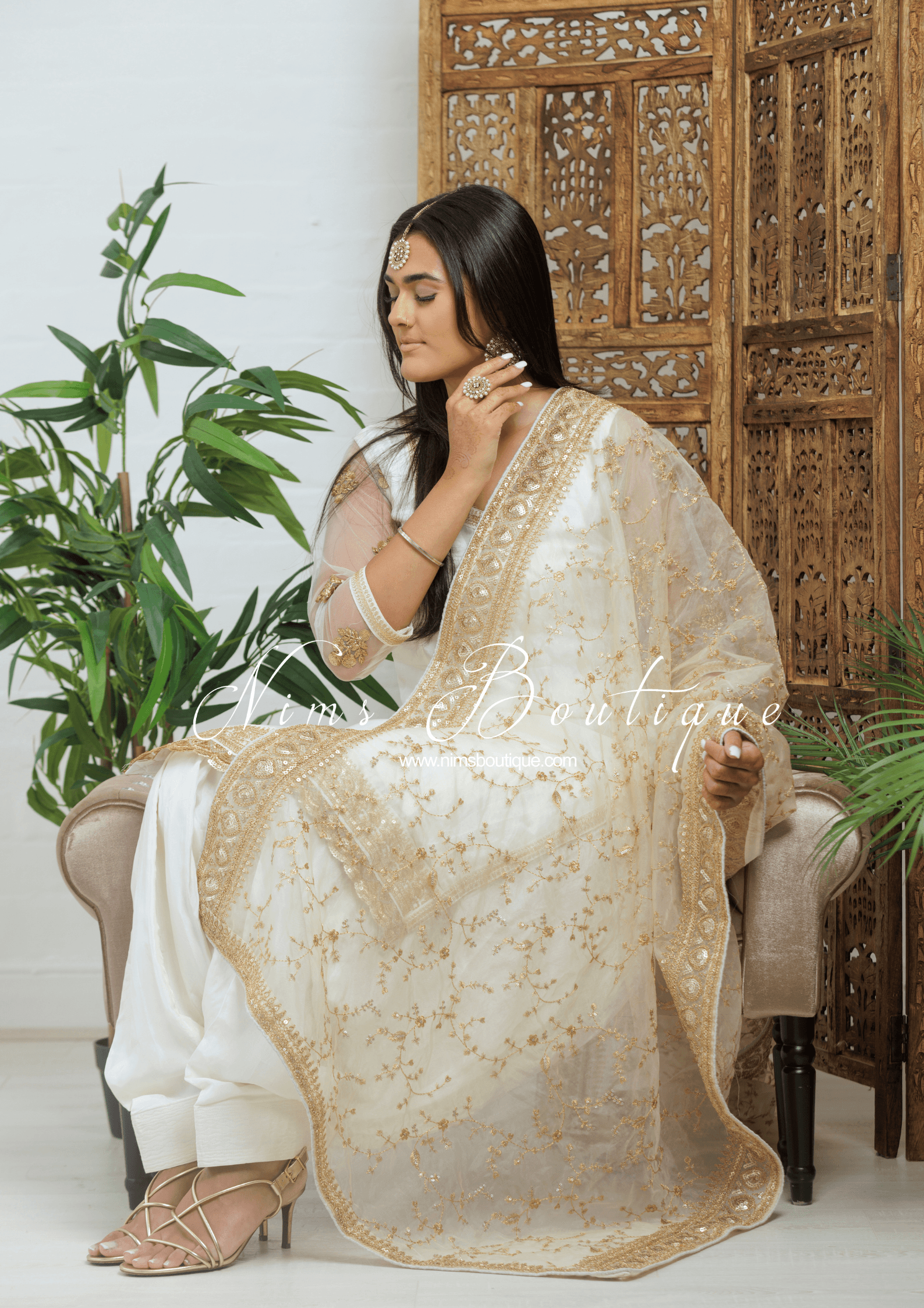 Nims Boutique Mahi Luxury Light Gold Organza Embroidered Dupatta/Chunni