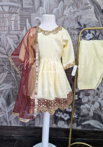 Cream & Maroon Kids Silk Salwar Suit