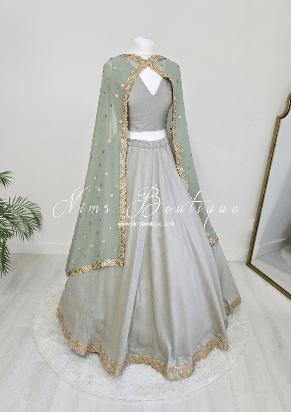 Nims Boutique Ria Luxury Sage Green Georgette Dupatta/Chunni