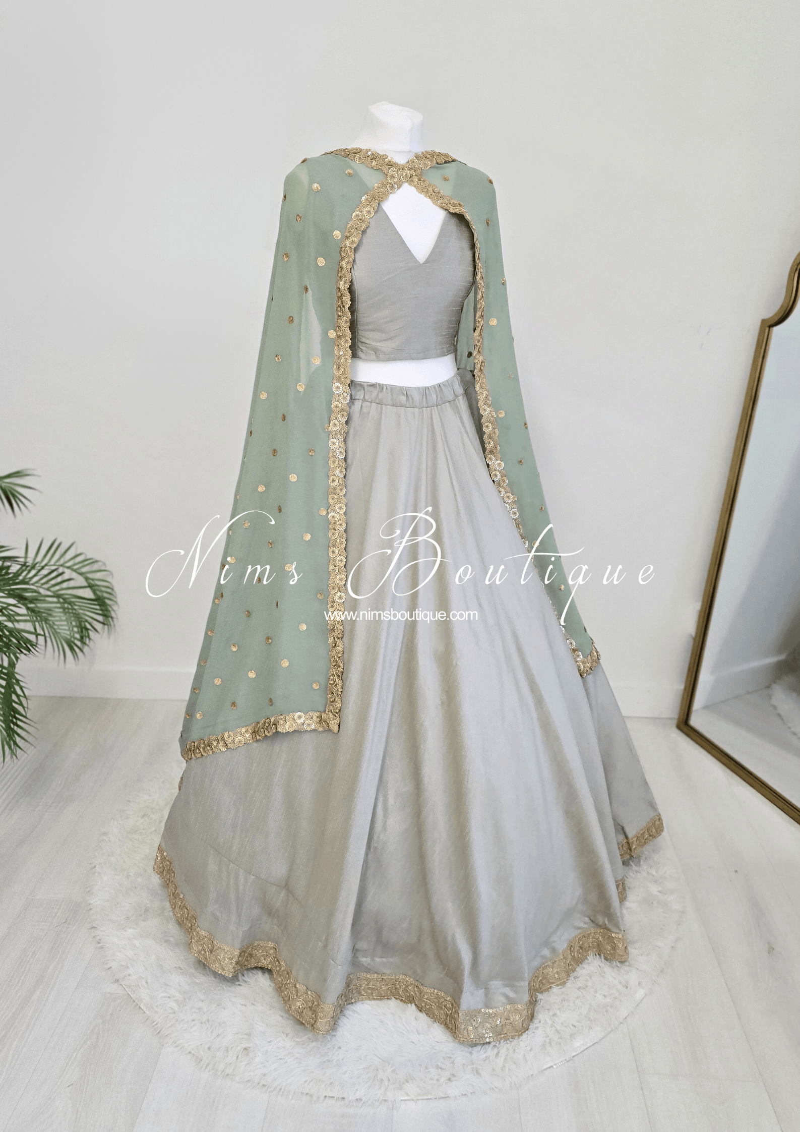 Nims Boutique Ria Luxury Sage Green Georgette Dupatta/Chunni