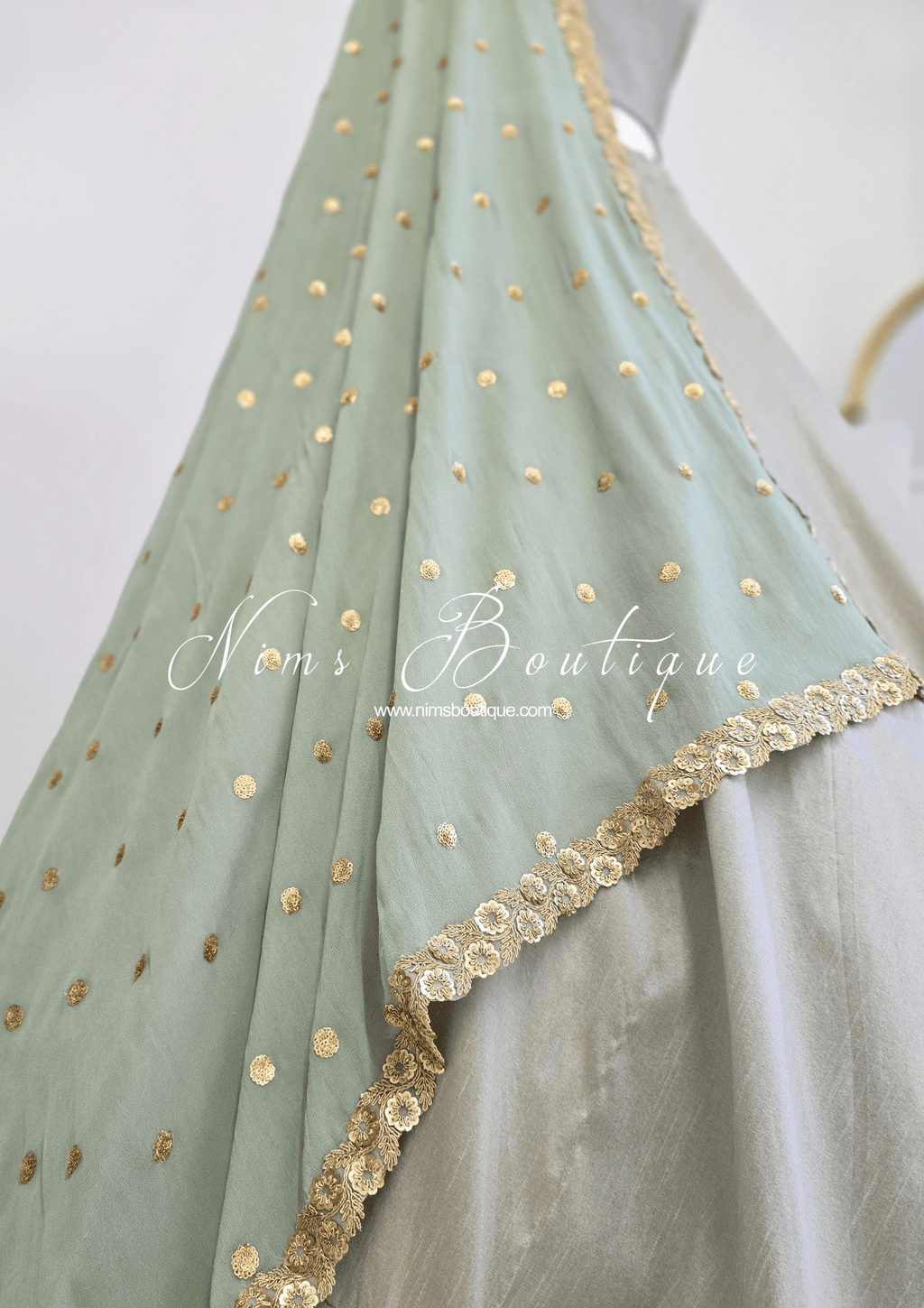 Nims Boutique Ria Luxury Sage Green Georgette Dupatta/Chunni