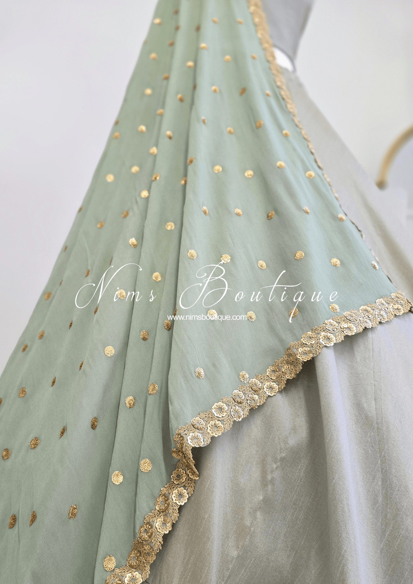Nims Boutique Ria Luxury Sage Green Georgette Dupatta/Chunni