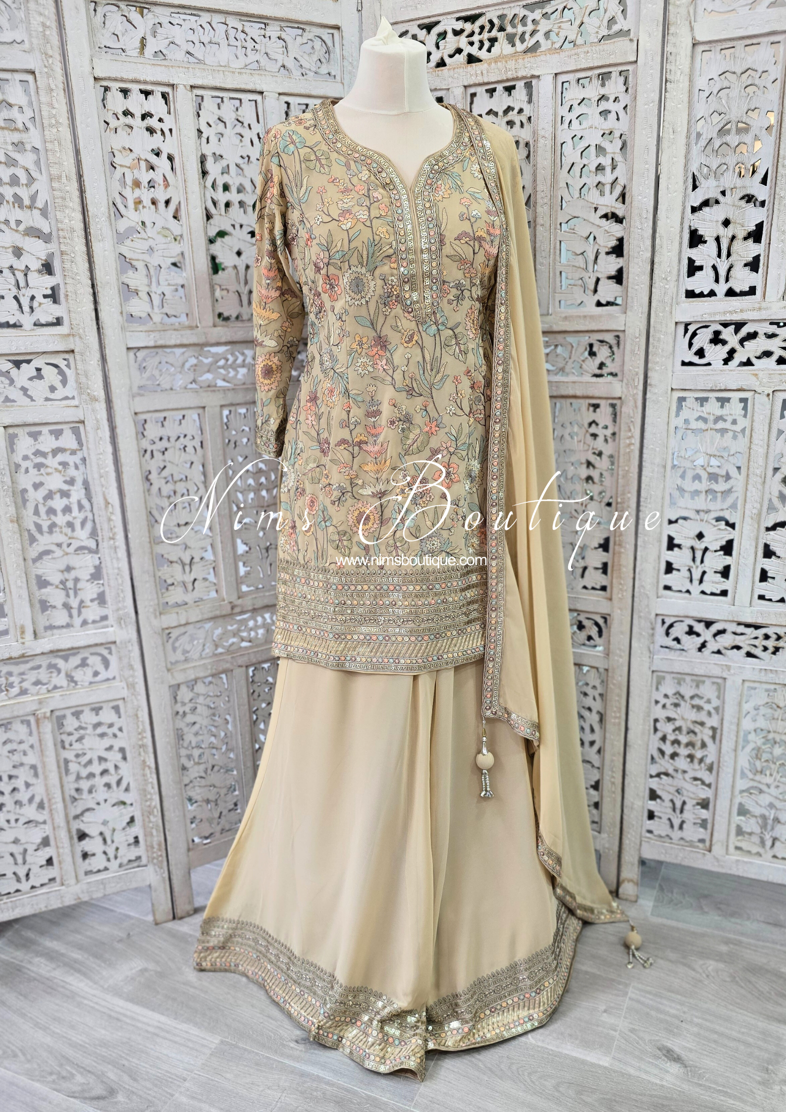 Luxury Beige Embroidered Sharara Suit (Size 12)
