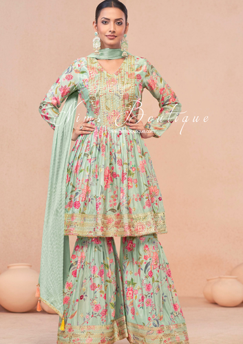 Mint Floral Chinon Sharara Suit (Size 16-18)