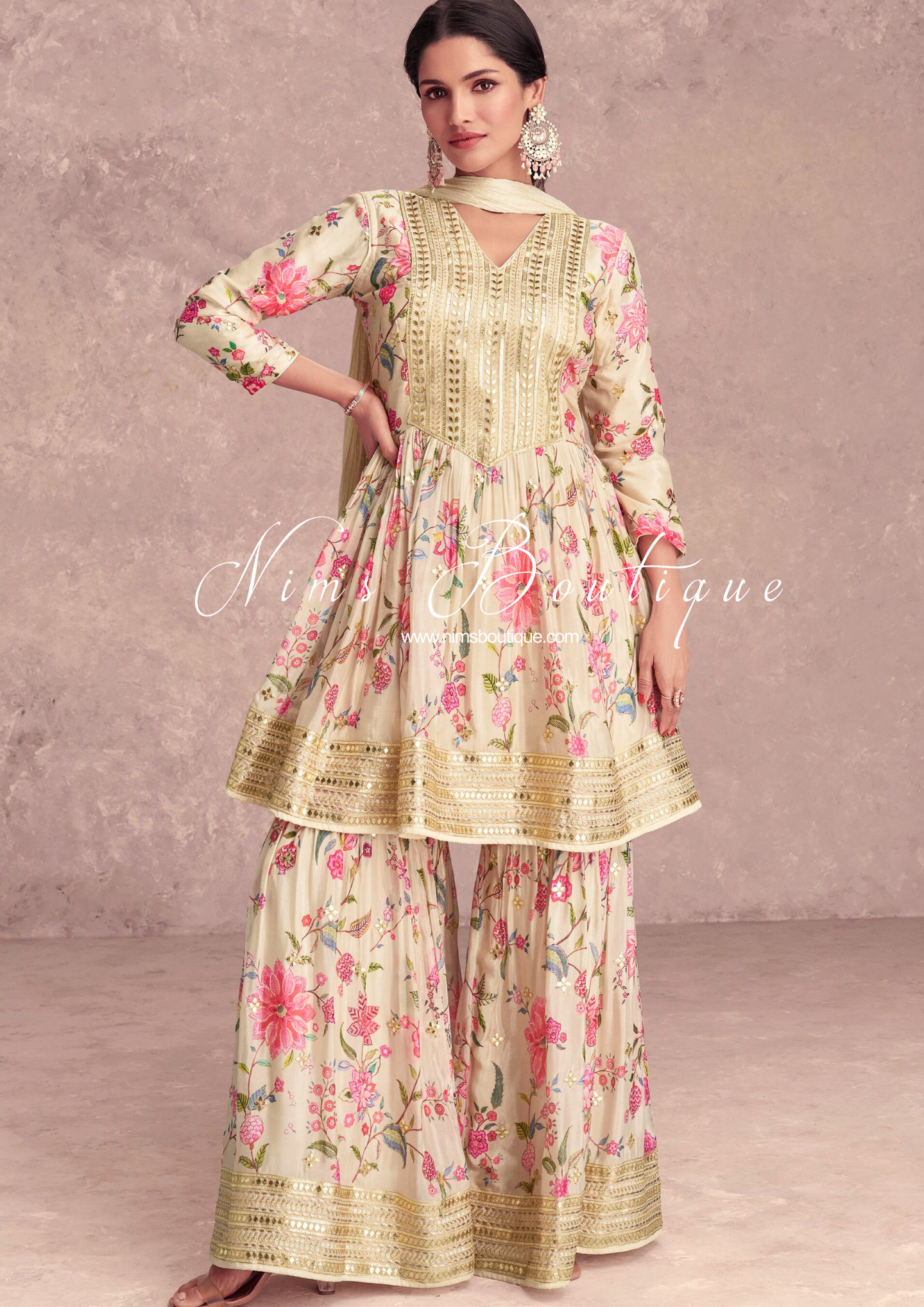 Cream Floral Chinon Sharara Suit (Size 16-18)