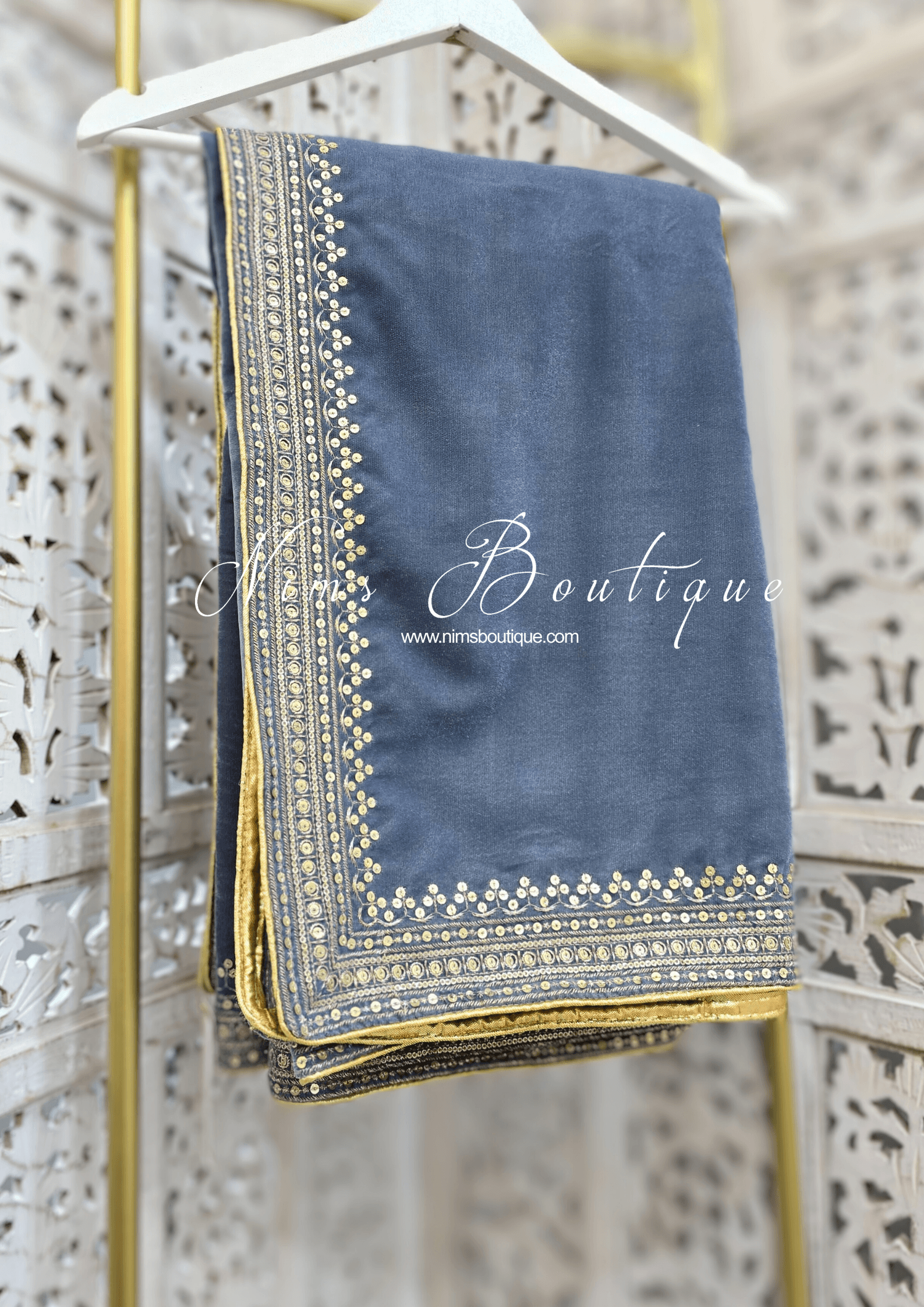 Nims Boutique Luxury Grey Velvet Embroidered Shawl