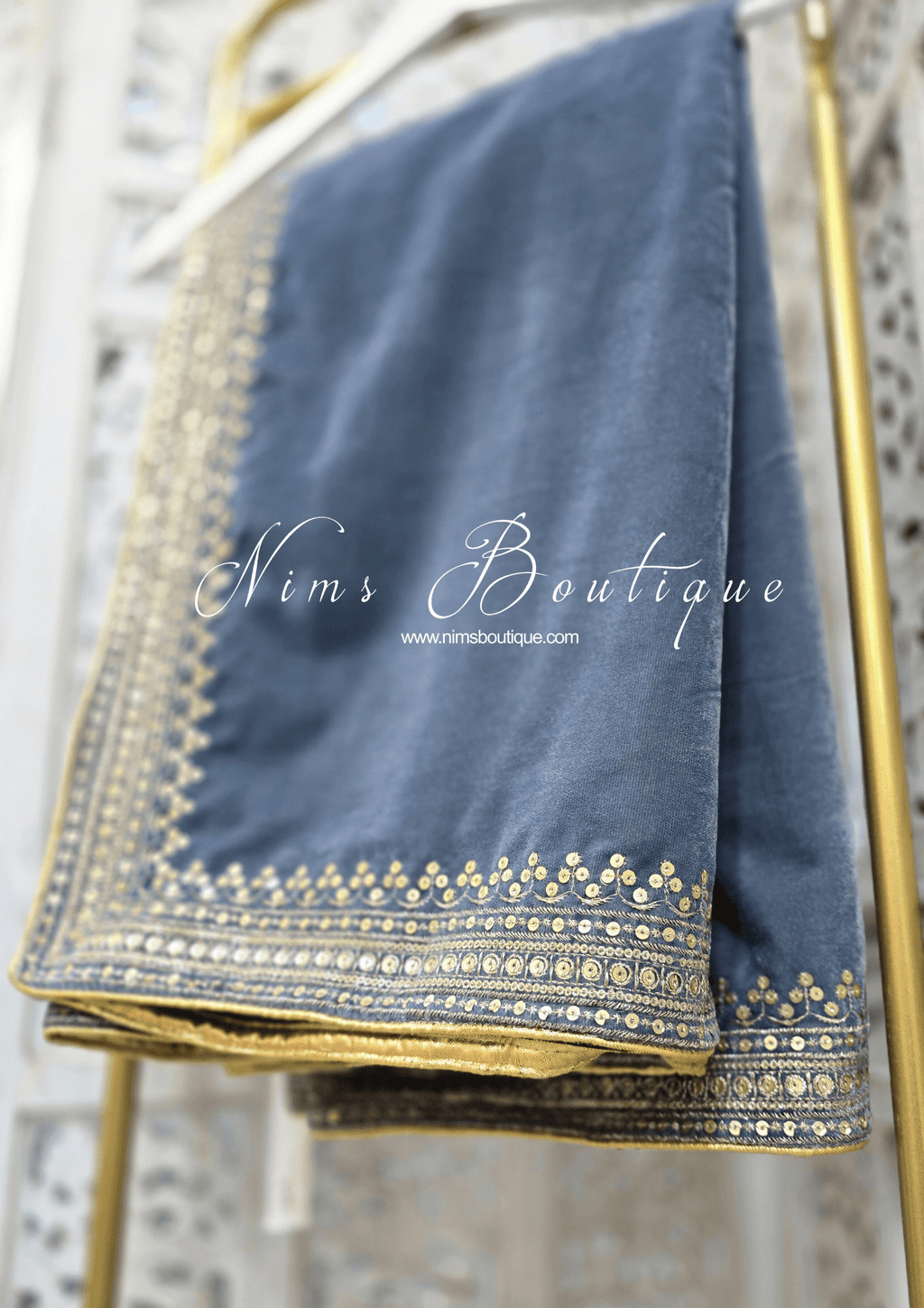 Nims Boutique Luxury Grey Velvet Embroidered Shawl