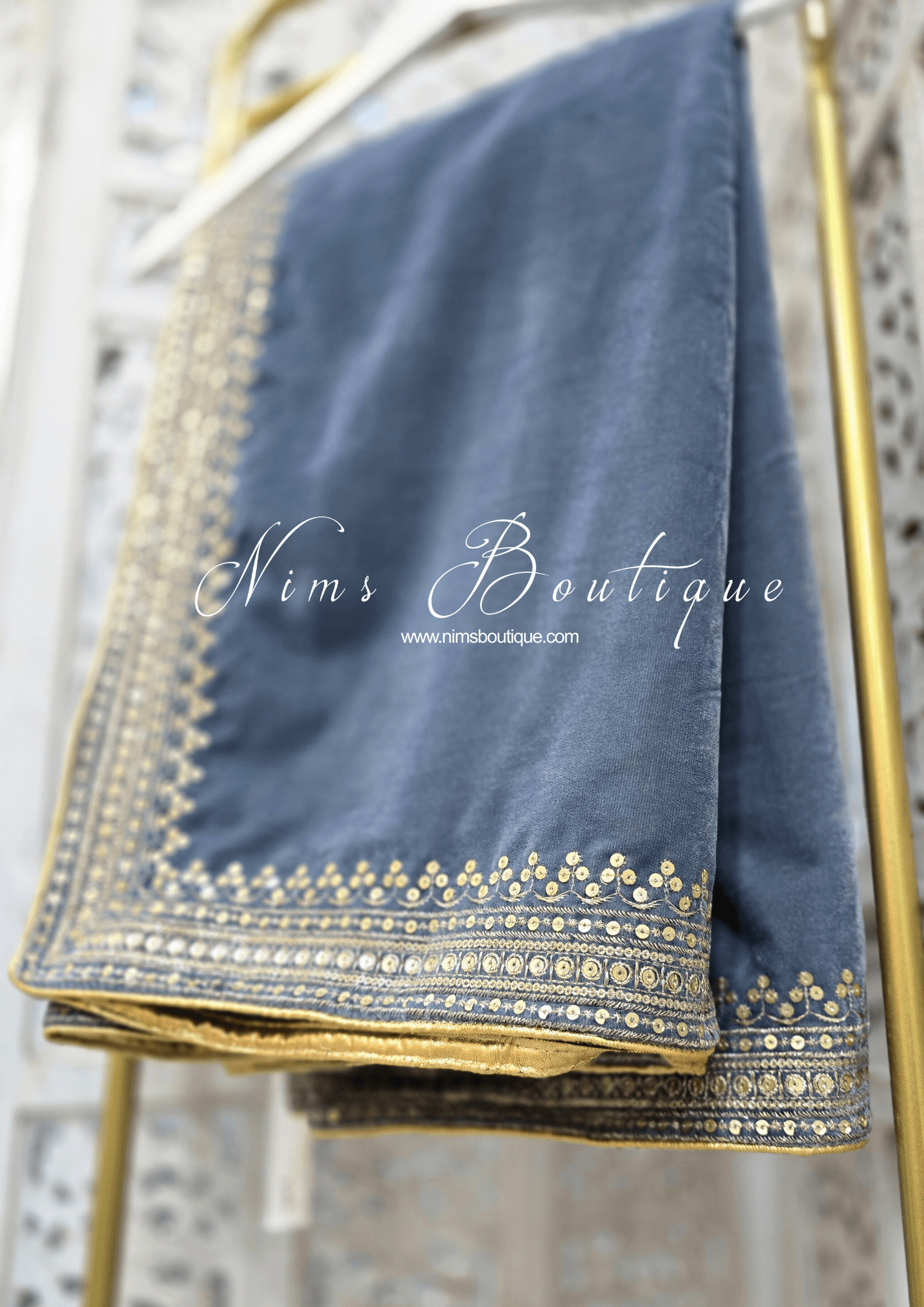Nims Boutique Luxury Grey Velvet Embroidered Shawl