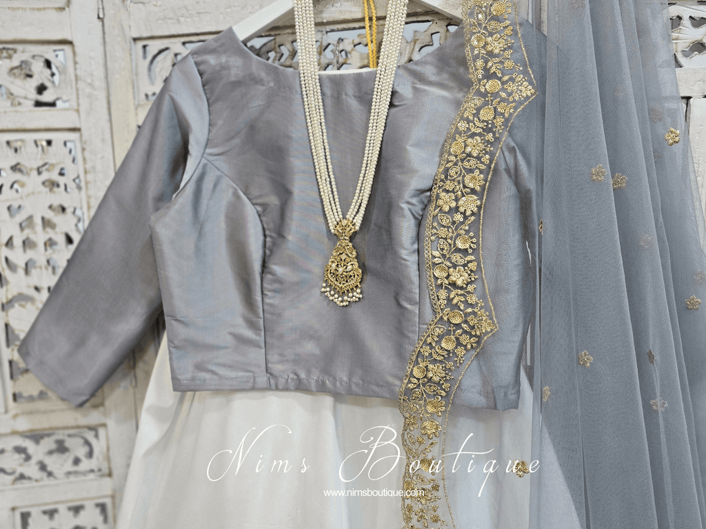 Nims Boutique Grey Silk High Neck Blouse with sleeves 4-20