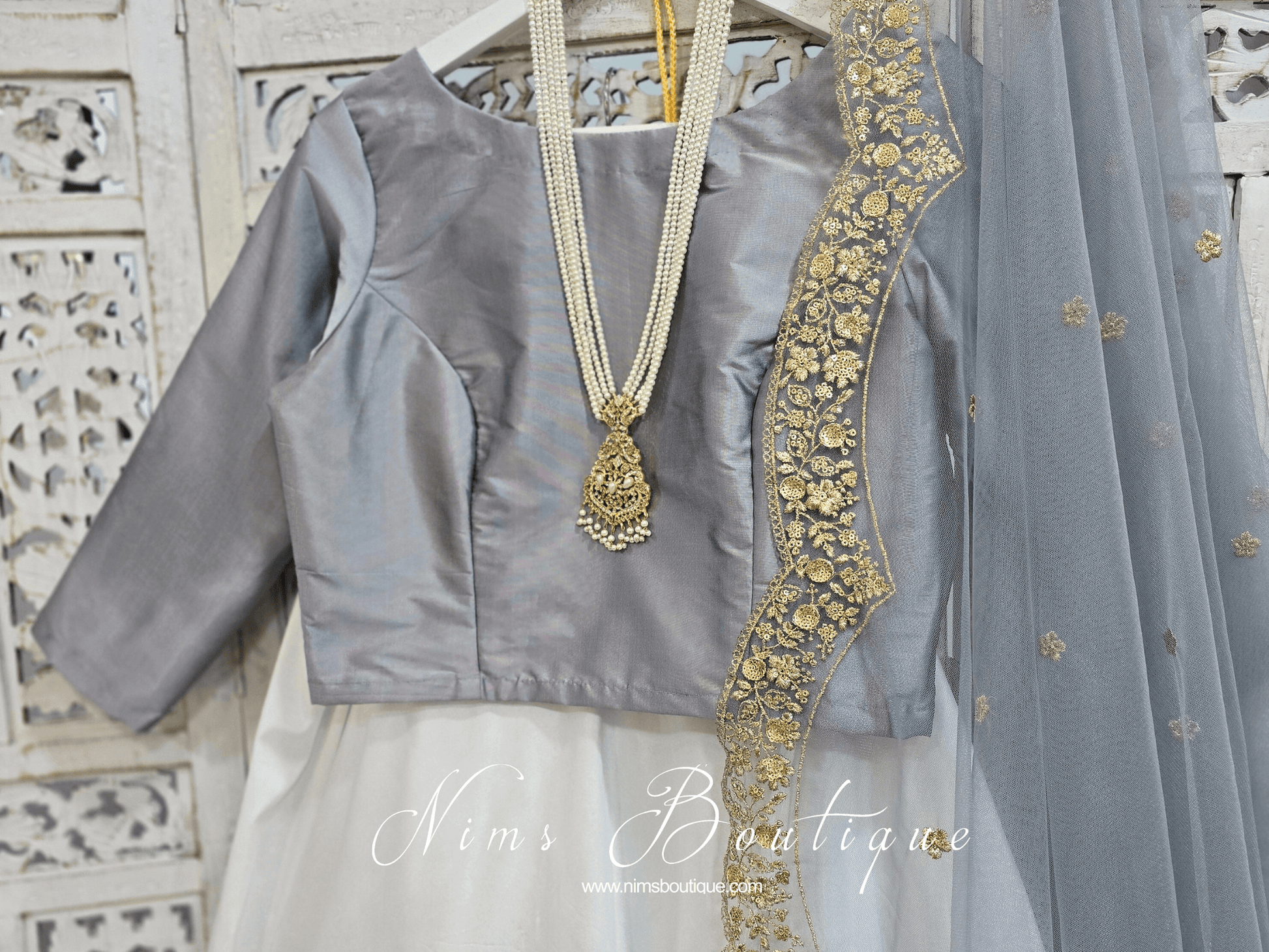 Nims Boutique Grey Silk High Neck Blouse with sleeves 4-20