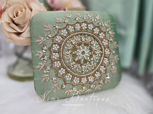 Large Pistachio Raw Silk Pearl Embellished Clutch Bag