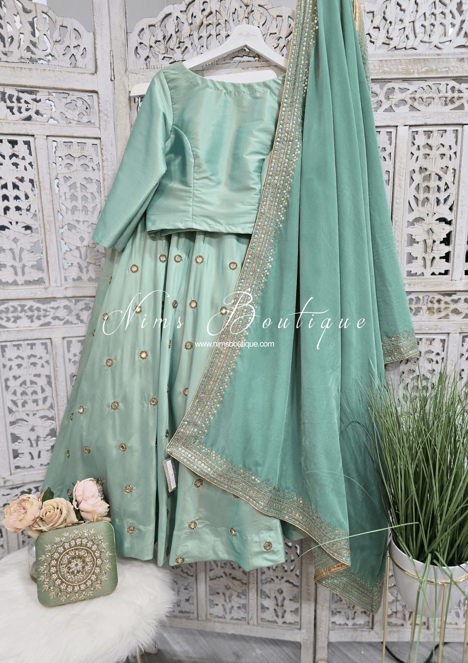 Nims Boutique Luxury Mint Green Velvet Embroidered Shawl