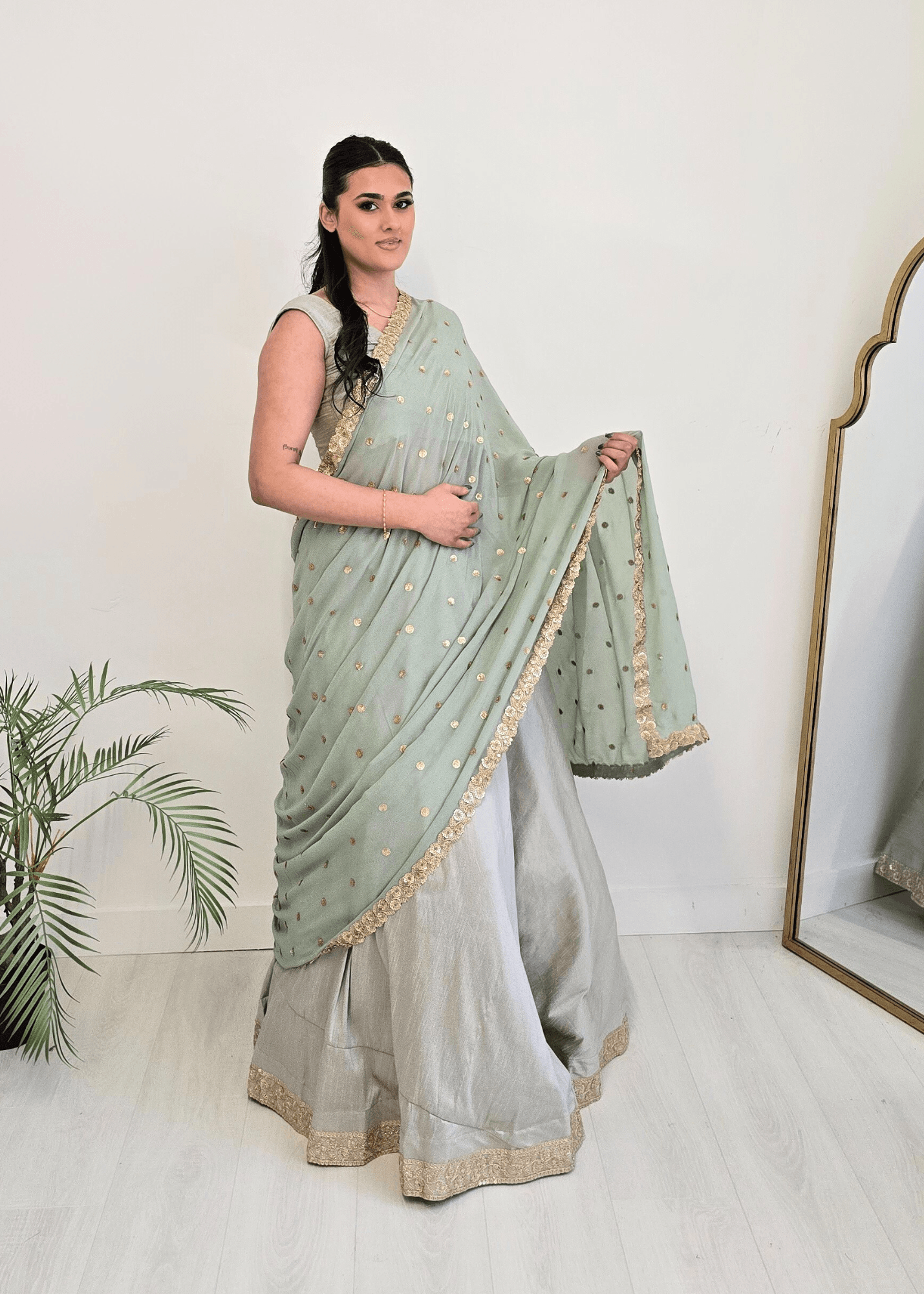 Nims Boutique Ria Luxury Sage Green Georgette Dupatta/Chunni
