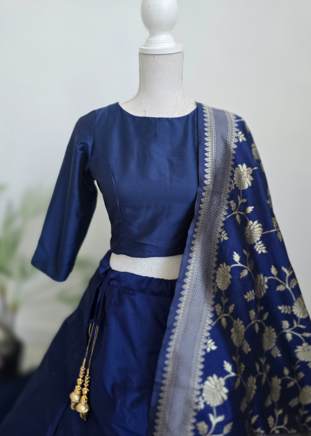 Navy Blue Silk High Neck Blouse with sleeves (size 4-26)