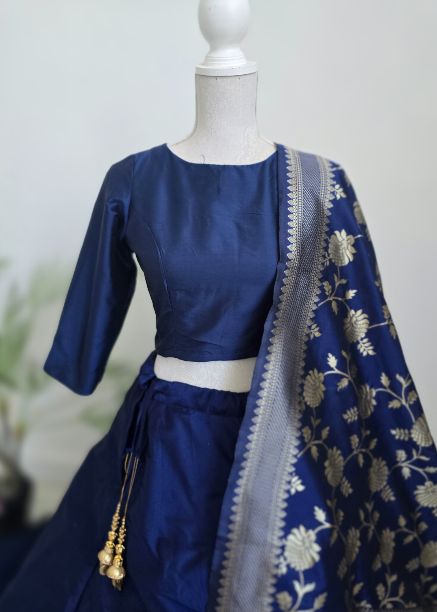 Navy Blue Silk High Neck Blouse with sleeves (size 4-26)