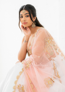 Peach Net Pearl Embellished Dupatta/Chunni with Pearl Edging