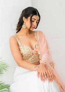 Peach Net Pearl Embellished Dupatta/Chunni with Pearl Edging