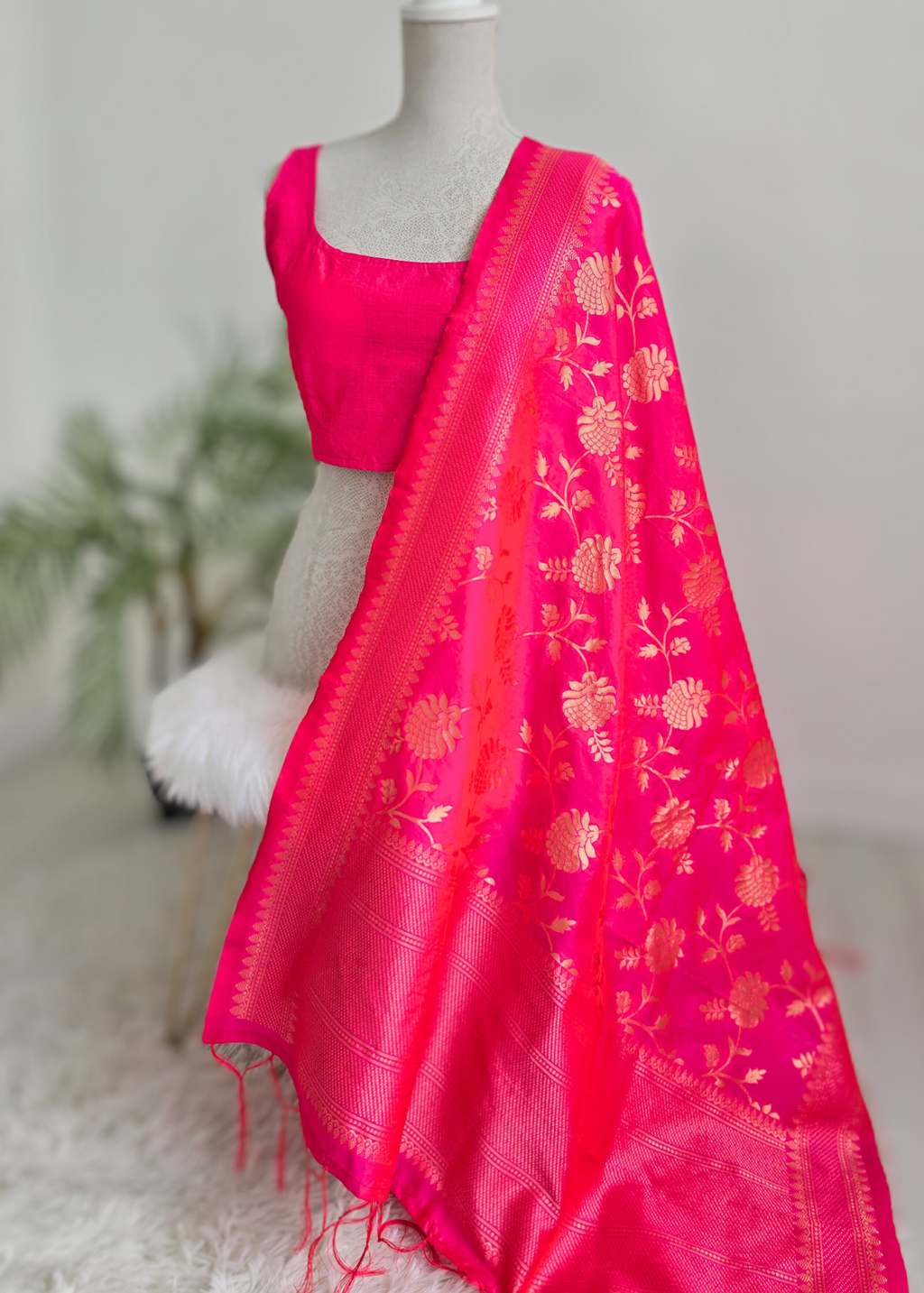 Bright Pink Floral Silk Banarsi Dupatta/Chunni (BN4)