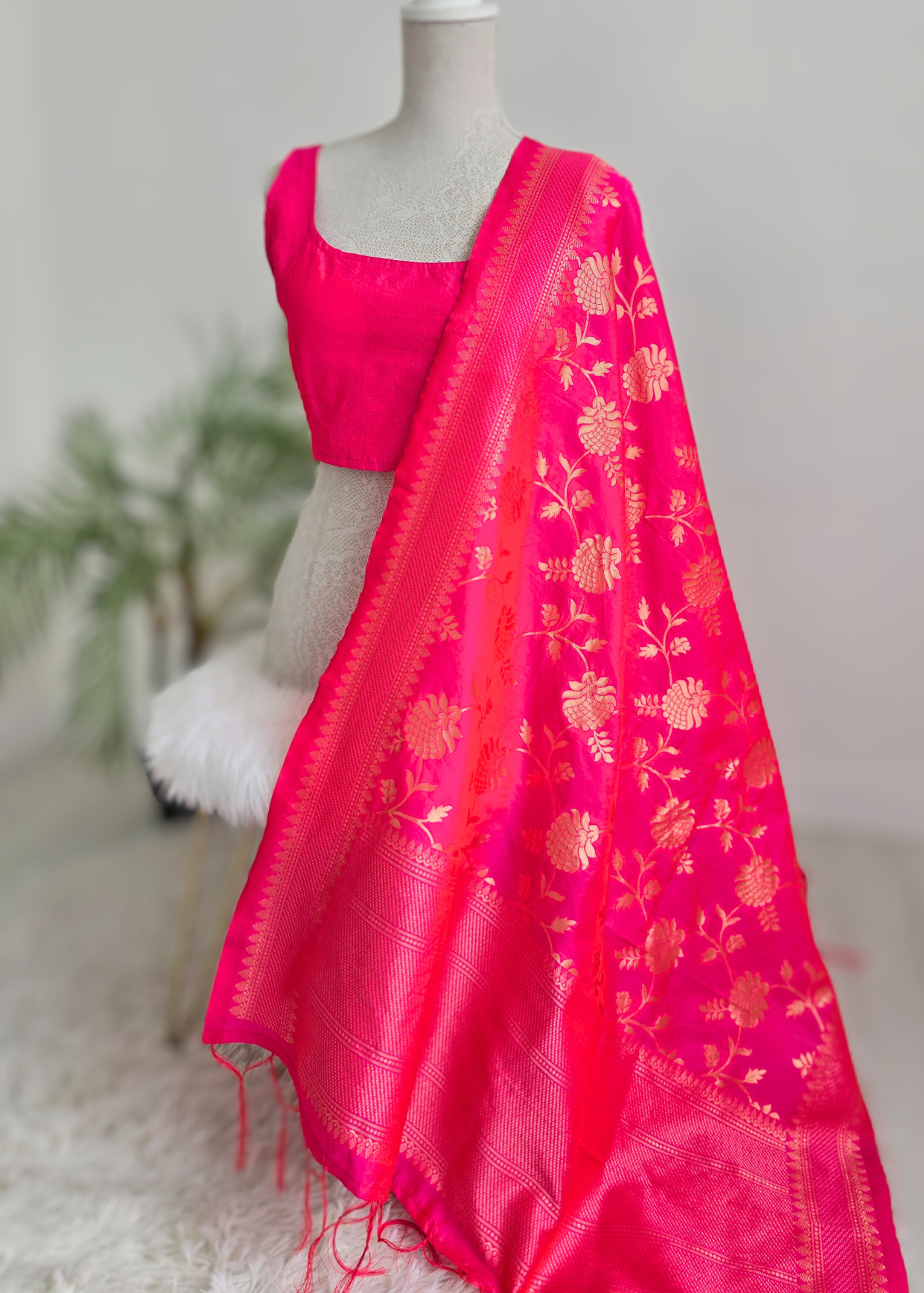 Bright Pink Floral Silk Banarsi Dupatta/Chunni (BN4)