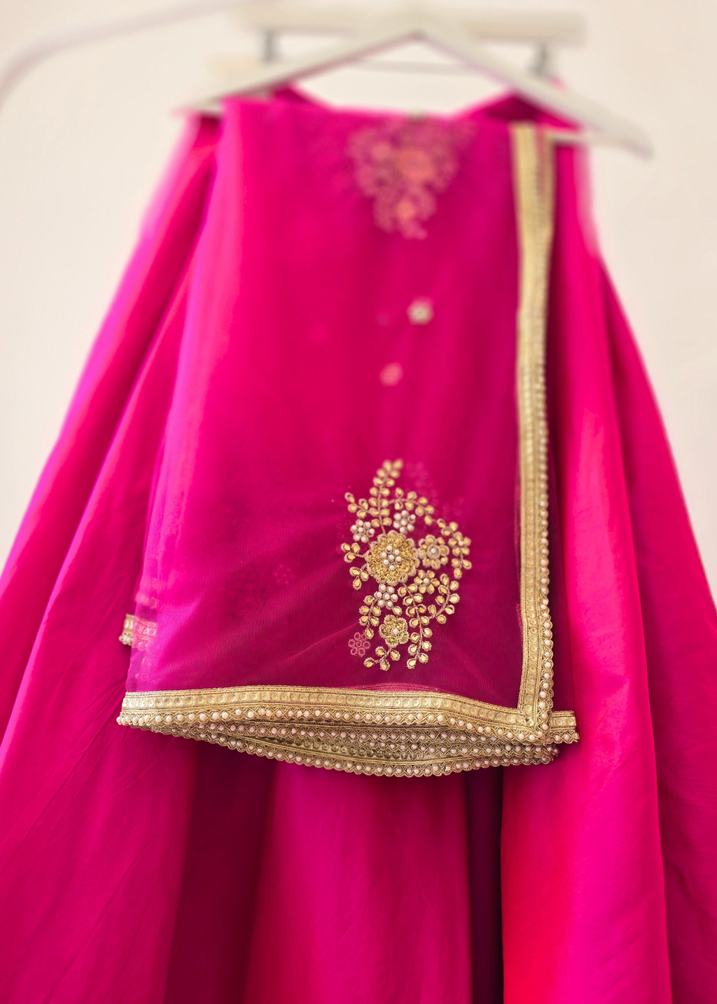 Hot Pink Net Pearl Embellished Dupatta/Chunni