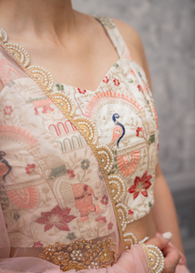 Peach Net Pearl Embellished Dupatta/Chunni with Pearl Edging