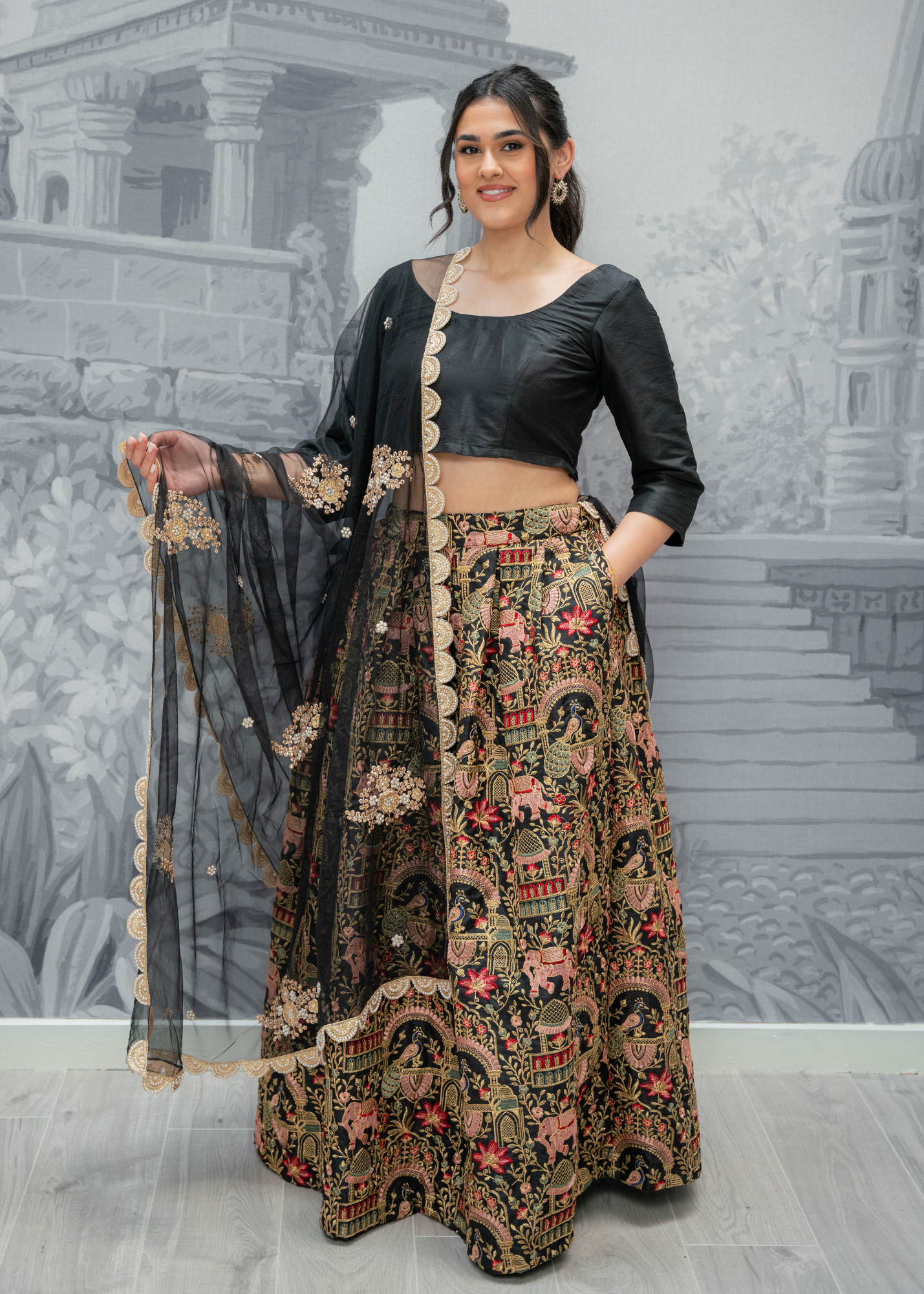 Luxury Elephant & Peacock Black thread embroidered Skirt