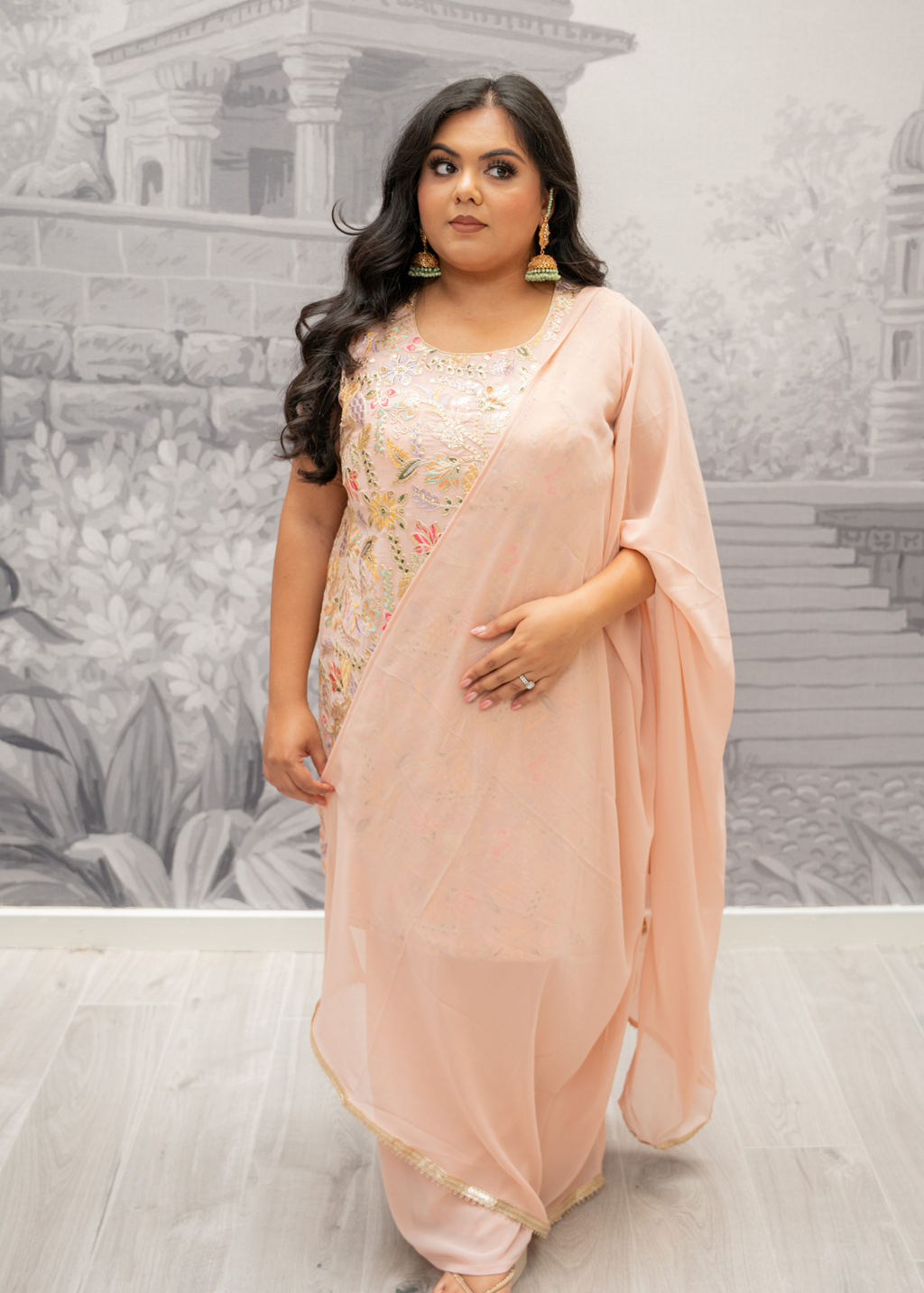 Peach Embroidered Sharara Suit (Size 16-20)