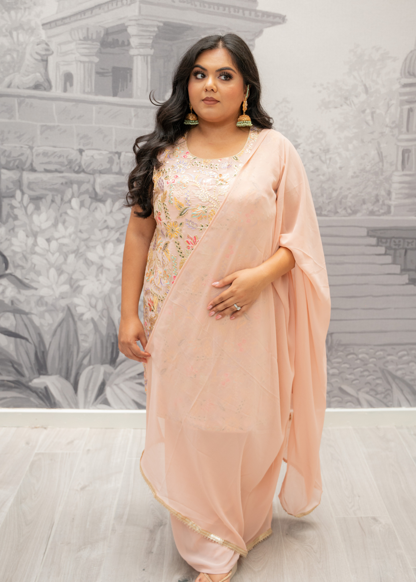 Peach Embroidered Sharara Suit (Size 16-20)