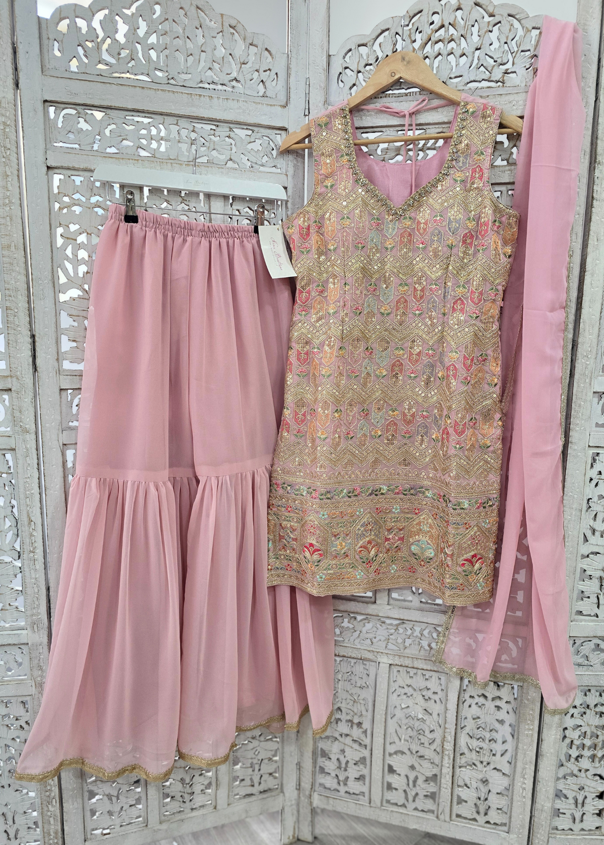 Light Pink Pastels Embroidered Sharara Suit (Size 10-12)