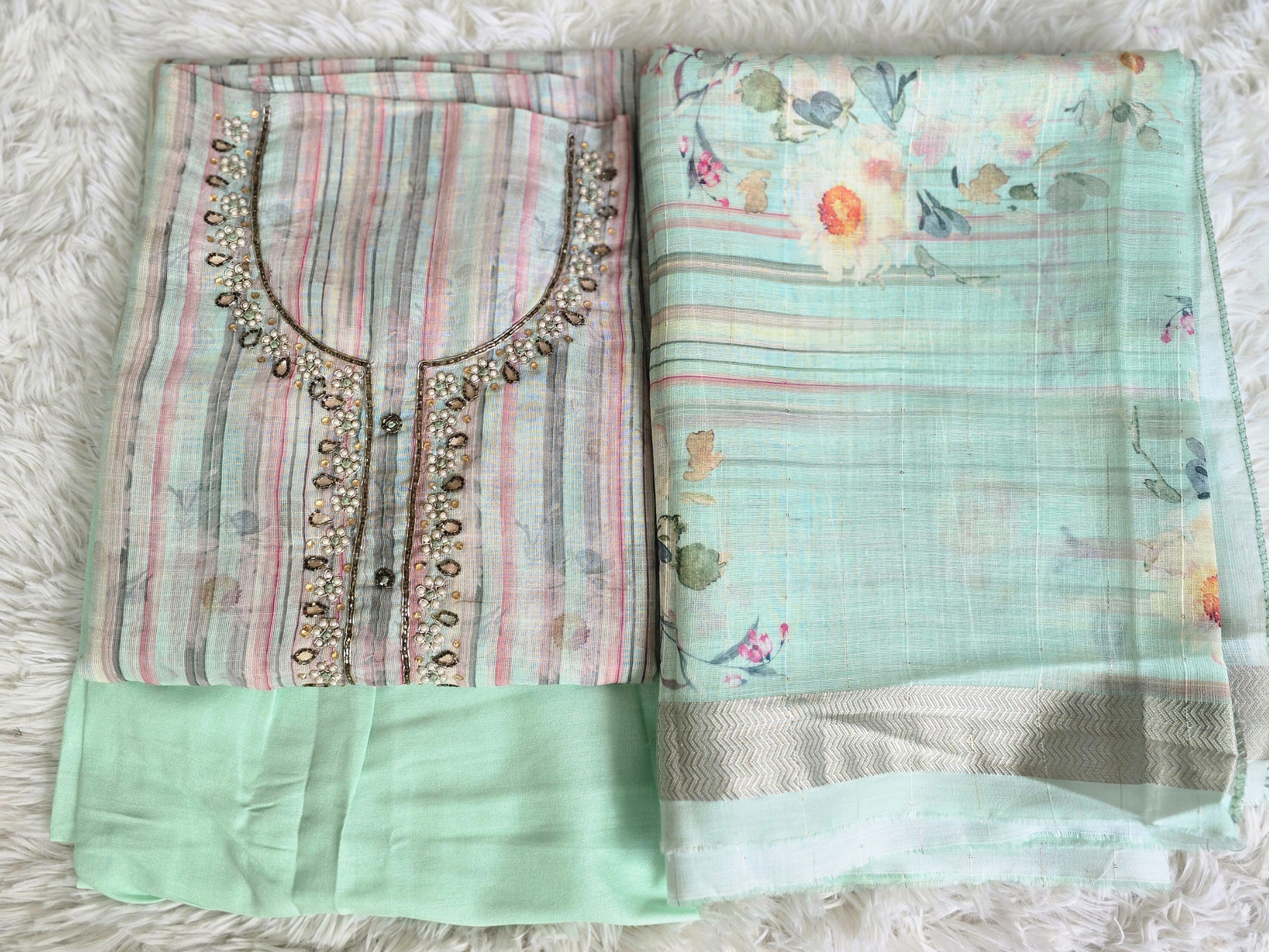 Unstitched Light Green Stripe Cotton Suit