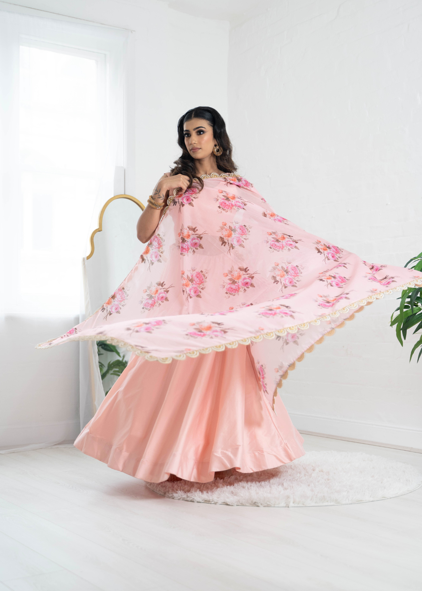 Luxury Peach Organza Floral Dupatta/Chunni with Pearl Edging