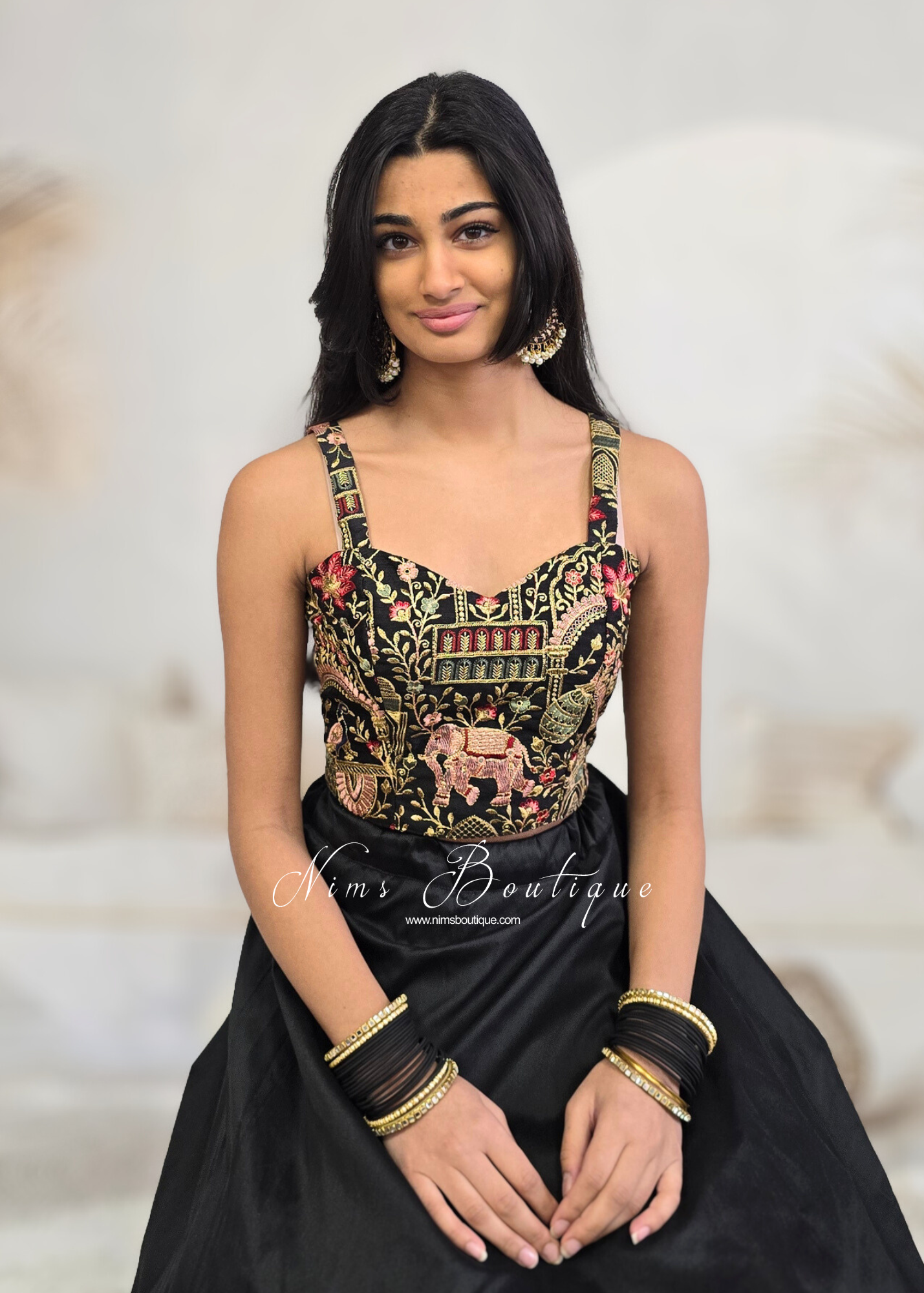 Elephant Black Embroidered Strap Blouse (4-16)