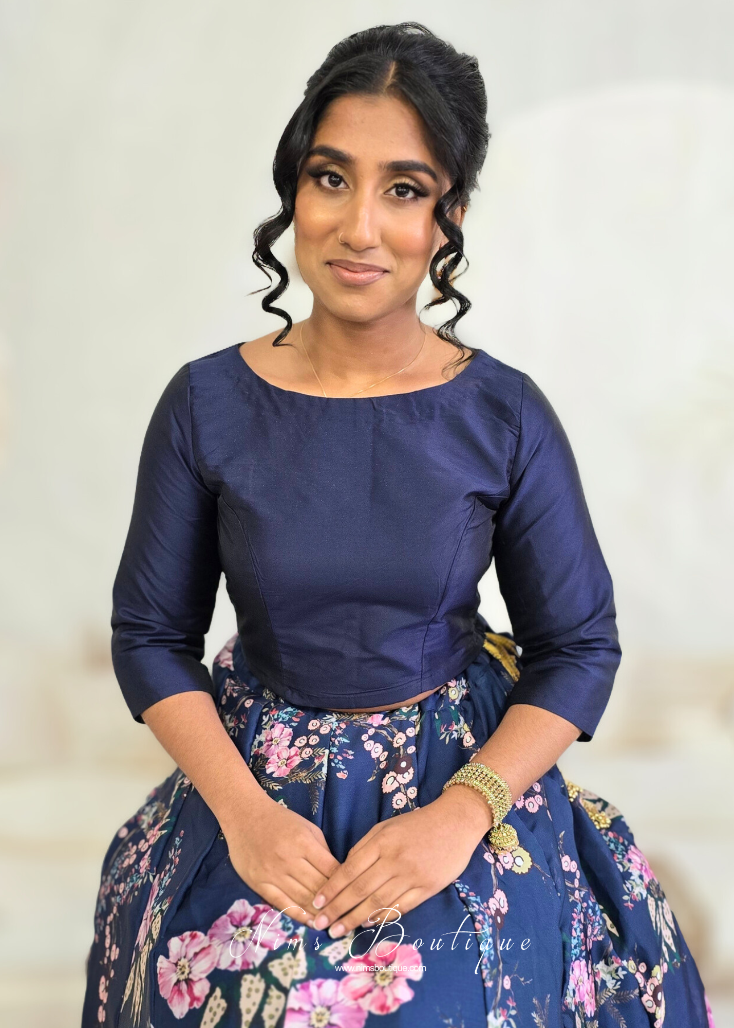 Navy Blue Silk High Neck Blouse with sleeves (size 4-26)